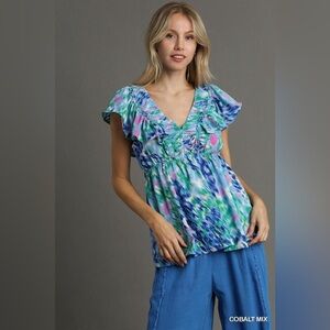 NWT Umgee The Cove Ruffle Sleeve Flutter Top in Cobalt Mix Blue Size Large